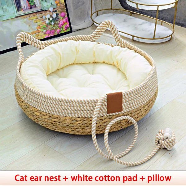 Breezy Retreat: Summer Woven Cat Bed with Removable Upholstery