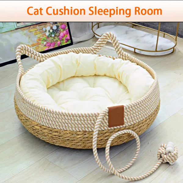 Breezy Retreat: Summer Woven Cat Bed with Removable Upholstery