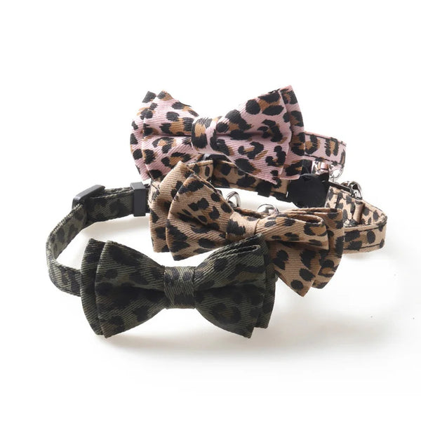 LeopardLux Bowtique: Adjustable Buckle Cat Collar with Bowknot and Bells