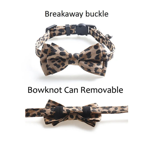 LeopardLux Bowtique: Adjustable Buckle Cat Collar with Bowknot and Bells