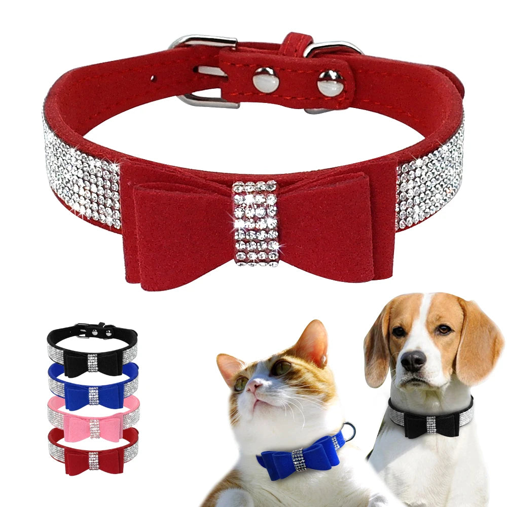 Glamour Paws: Adjustable Leather Collar with Bling Rhinestone Bow for Small to Medium Pets