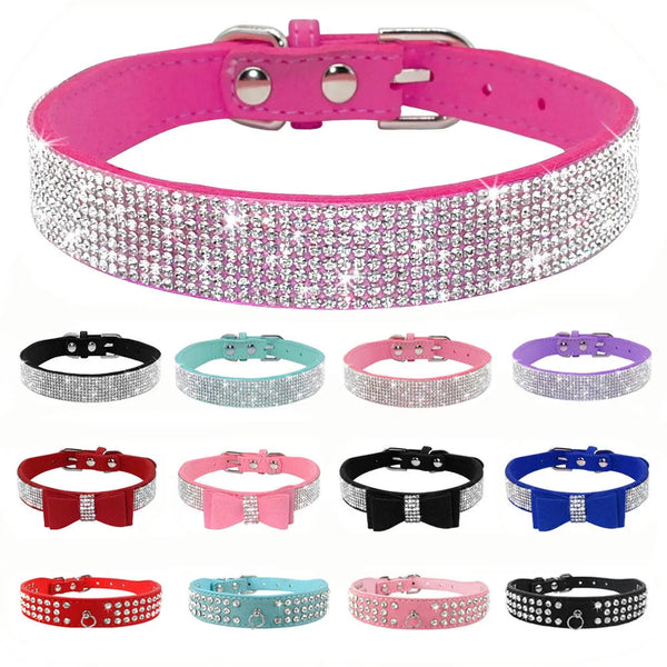 Glamour Paws: Adjustable Leather Collar with Bling Rhinestone Bow for Small to Medium Pets