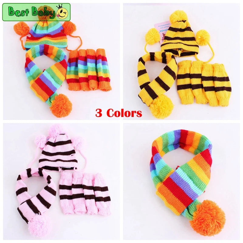 WarmPaws Ensemble: Knitted Striped Hats, Scarf, and Socks for Winter