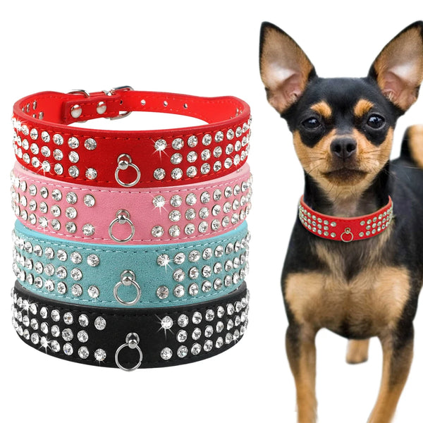 Glamour Paws: Adjustable Leather Collar with Bling Rhinestone Bow for Small to Medium Pets