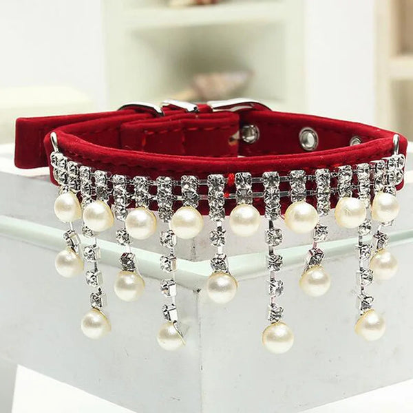 OpulentPaws Elegance Collection: Velvet Crystal Pearl Necklace