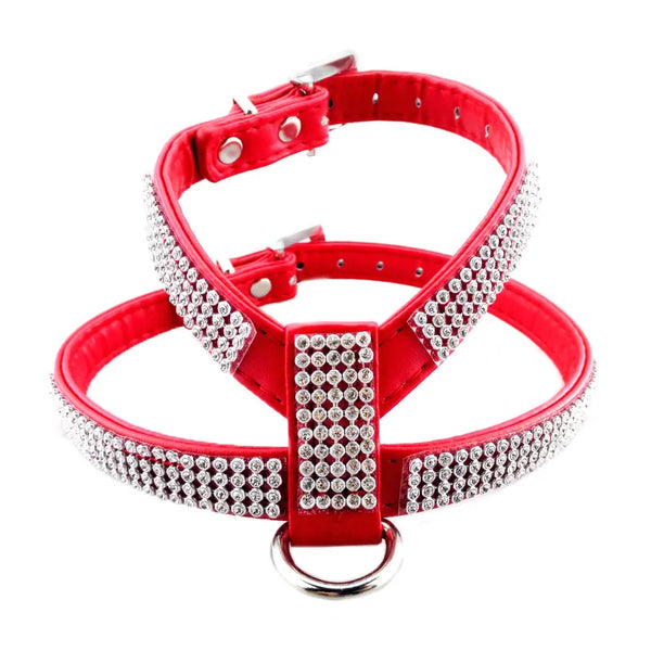 Dazzling Walks: Bling Rhinestone Dog Harness with Leather Leash for Small Pets