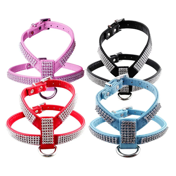 Dazzling Walks: Bling Rhinestone Dog Harness with Leather Leash for Small Pets