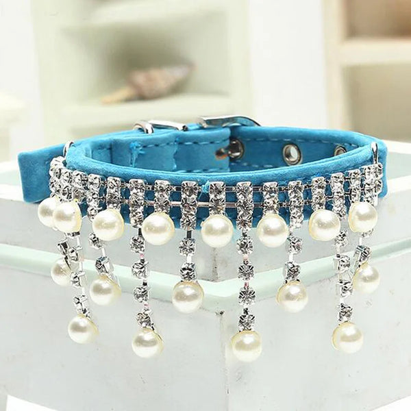 OpulentPaws Elegance Collection: Velvet Crystal Pearl Necklace