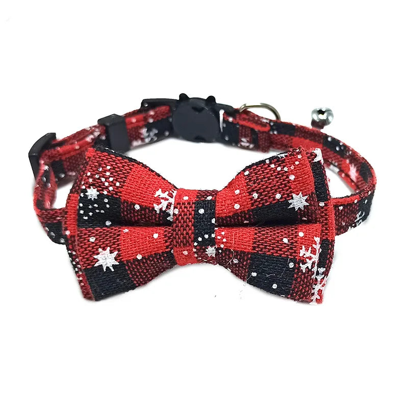 Festive Feline Elegance: Pet Breakaway Cat Collar with Bow Tie and Bell, Cute Plaid Christmas Red Design, Elastic and Adjustable for Cats