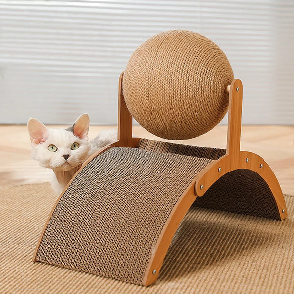 PawPerfect WoodWonder: 2-in-1 Wooden Cat Scratcher with Wear-Resistant Grinding Paw Toy