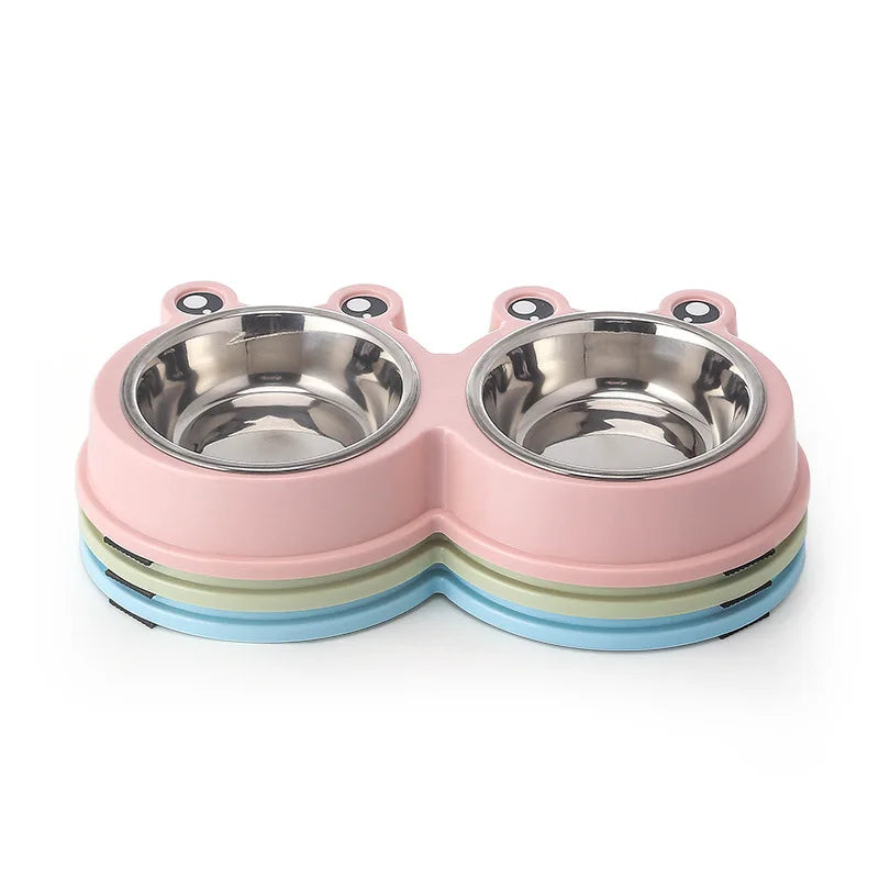 Froggy Feasts: Cute Small Frog Stainless Steel Double Bowl - Non-slip Pet Bowl for Dogs and Cats