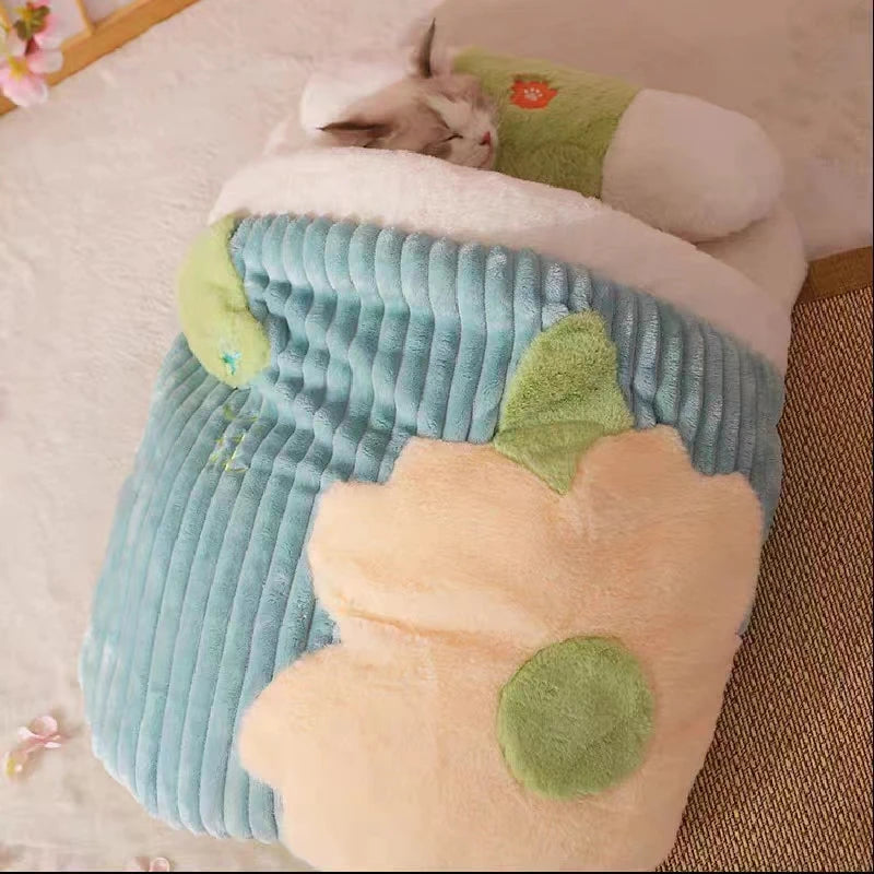 Sakura Serenity: Japanese Sakura Warm Cat Bed with Removable Pillow for Deep Sleep in Winter