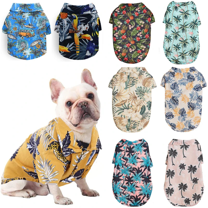 TropicalTails Hawaiian Breeze 4: Leaf Printed Beach Shirts for Summer-Ready Pups Pink/Blue, Navy, White, Green, Navy flower