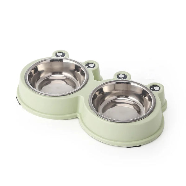 Froggy Feasts: Cute Small Frog Stainless Steel Double Bowl - Non-slip Pet Bowl for Dogs and Cats