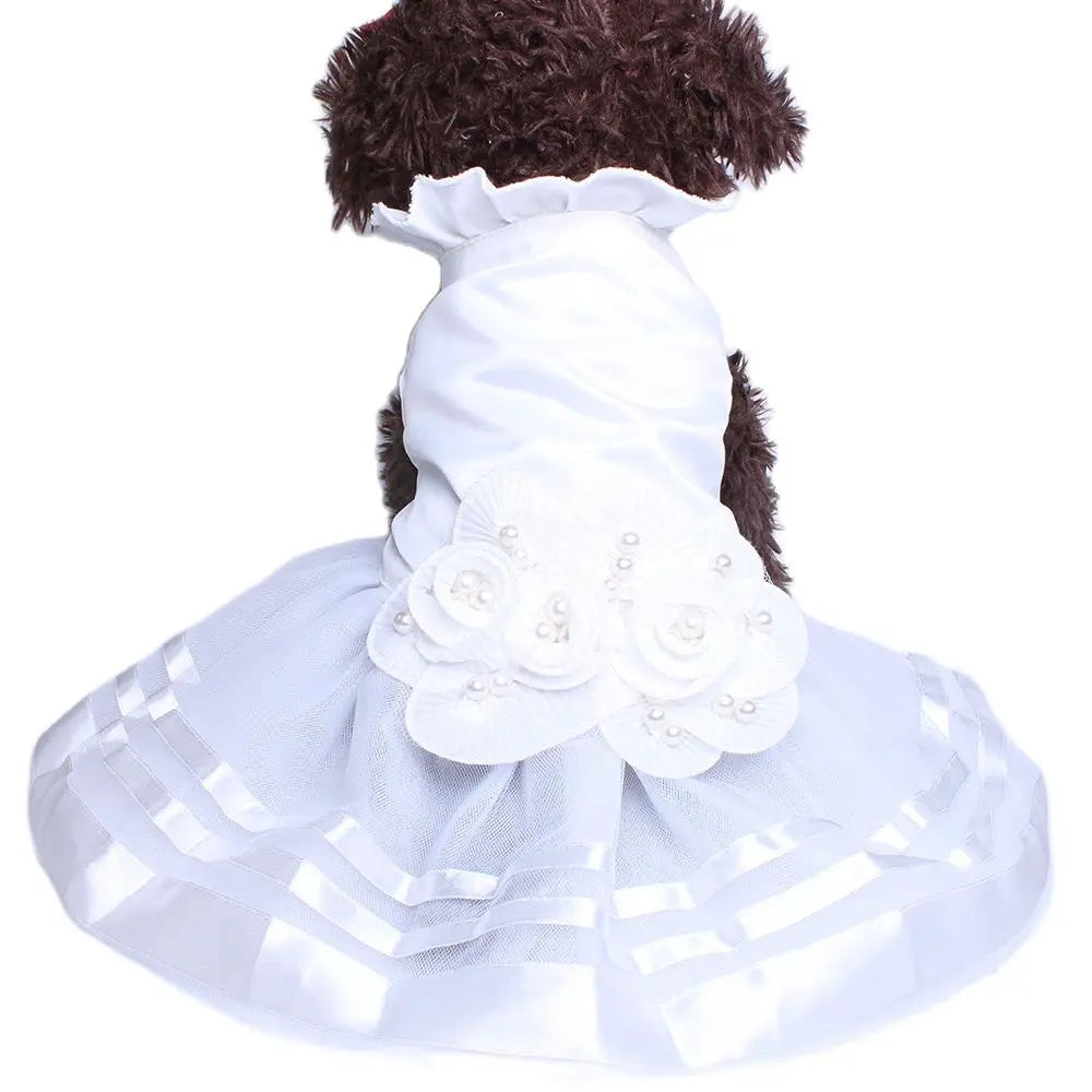 Pawfect Elegance: Dog Cat Wedding Dress with Flowers and Pearls Design