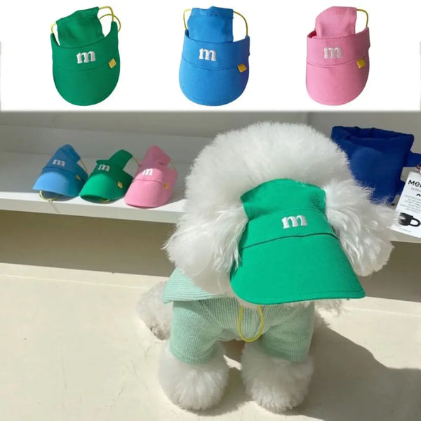 ChicCrown Letter M Pet Cap: Fashionable Adjustable Embroidered Pet Baseball Cap with Breathable Design and Ear Holes