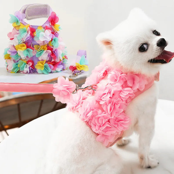 Pink Elegance: Adorable Dog Vest and Leash Harness Set with Bow Collar, Flower Dress, and Chic Chest Detail for Puppies and Cats