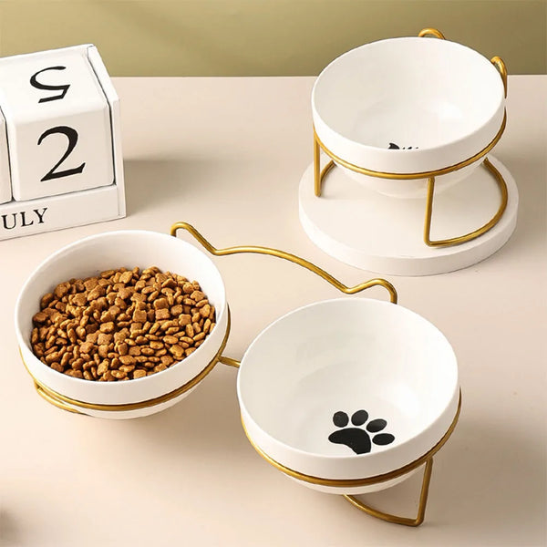 Elevated Dining Delight: Cat Double Bowl with Stand, Mat, and Metal Design