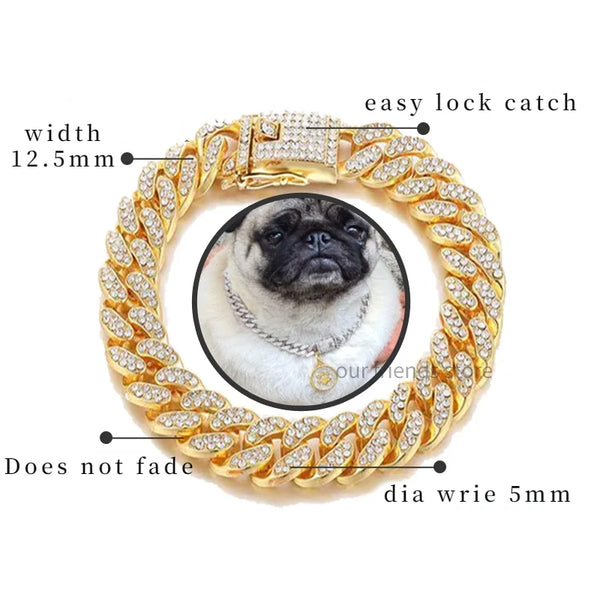 Glamour Unleashed:  Diamond Cuban Design, and Secure Buckle for Dogs and Cats