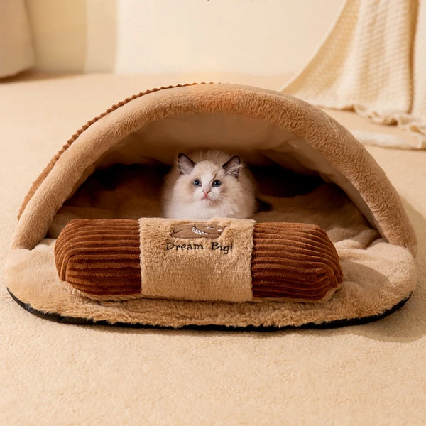 SnuggleHaven Pet Sleeping Retreat: Removable and Warm Half-Closed Cat Bed for Winter