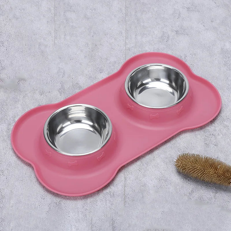 Mealtime Harmony: Double Dog Bowls with Silicone Mat for Pet Feeding and Drinking