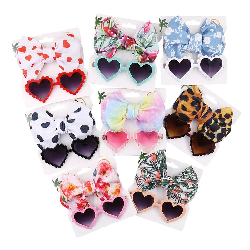 HeartGaze Pet Chic: 2Pcs/pack Heart Dog Sunglasses and Cute Pet Grooming Bows