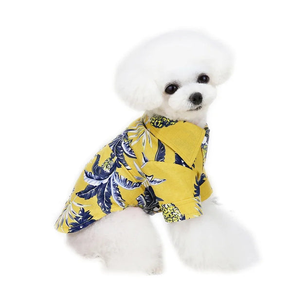TropicalTails Hawaiian Breeze 2: Leaf Printed Beach Shirts for Summer-Ready Pups Navy, Yellow, Black/White, Light Green, Navy Blue