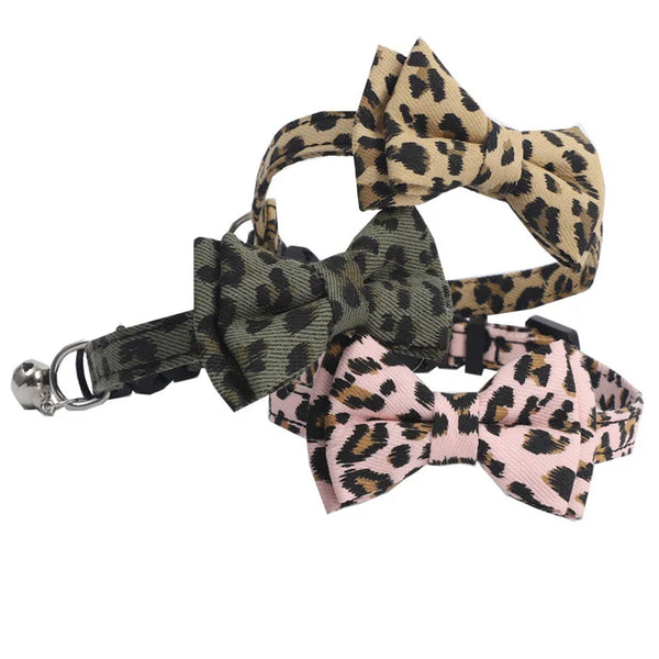 LeopardLux Bowtique: Adjustable Buckle Cat Collar with Bowknot and Bells