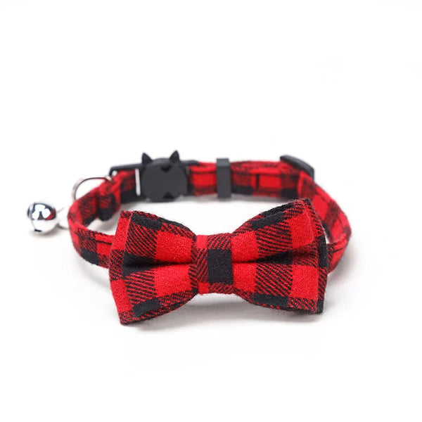 Festive Feline Elegance: Pet Breakaway Cat Collar with Bow Tie and Bell, Cute Plaid Christmas Red Design, Elastic and Adjustable for Cats