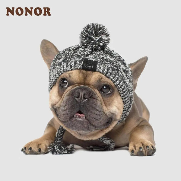 SnugSnout Winter Whimsy: Windproof Knit Dog Hat with French Bulldog Flair
