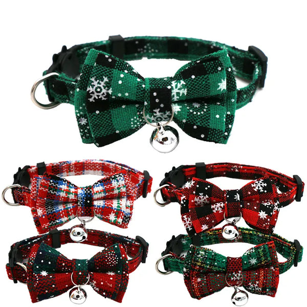Festive Elegance: Christmas Bowknot Cat Collar with Bell and Plaid Snowflake Design