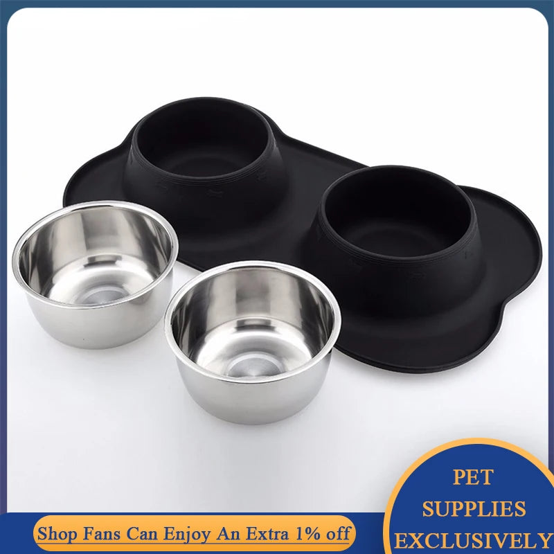 Mealtime Harmony: Double Dog Bowls with Silicone Mat for Pet Feeding and Drinking