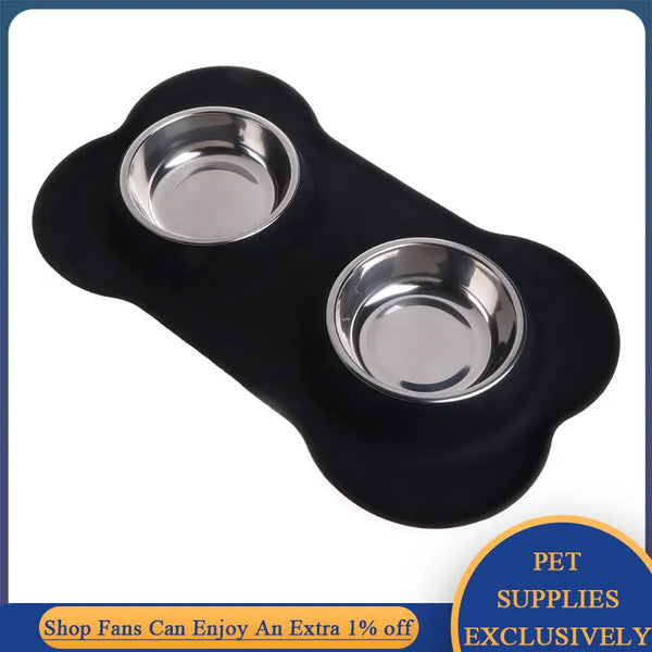 Mealtime Harmony: Double Dog Bowls with Silicone Mat for Pet Feeding and Drinking