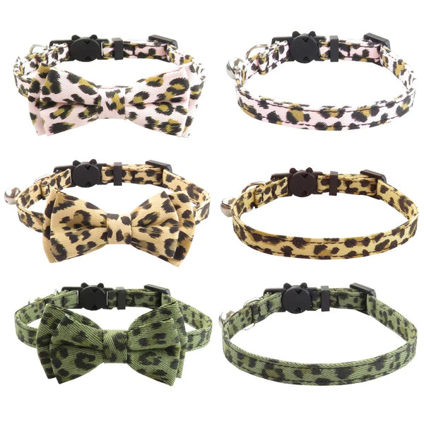 LeopardLux Bowtique: Adjustable Buckle Cat Collar with Bowknot and Bells