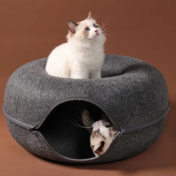 SnugNest Donut Cat Bed & Tunnel: Interactive Dual-Use Cat Toy