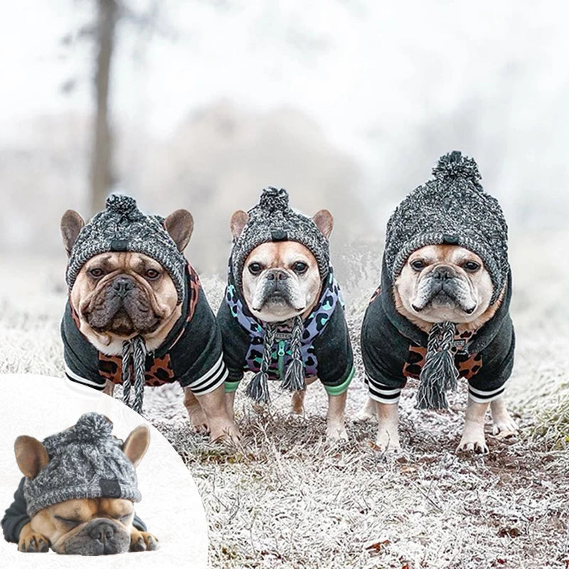 SnugSnout Winter Whimsy: Windproof Knit Dog Hat with French Bulldog Flair