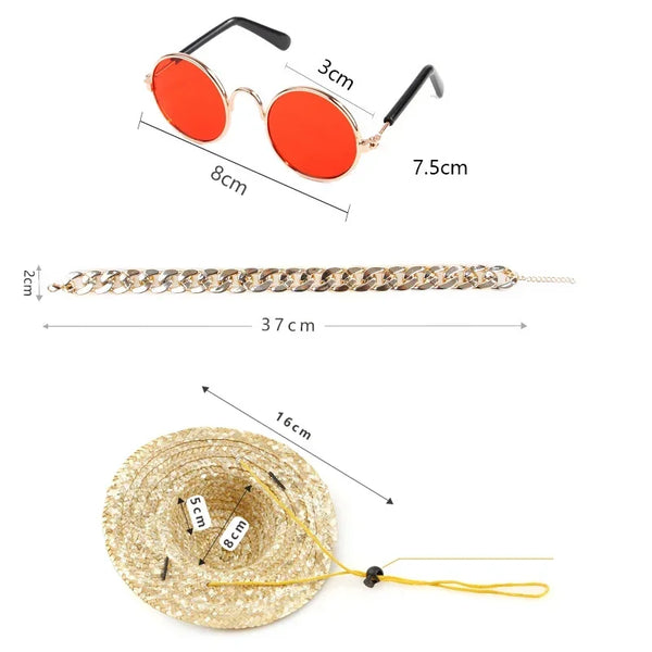 ChicPaws Sunflare Set: Pet Cat & Dog Sunglasses with Stylish Round Glasses and Adorable Straw Hat