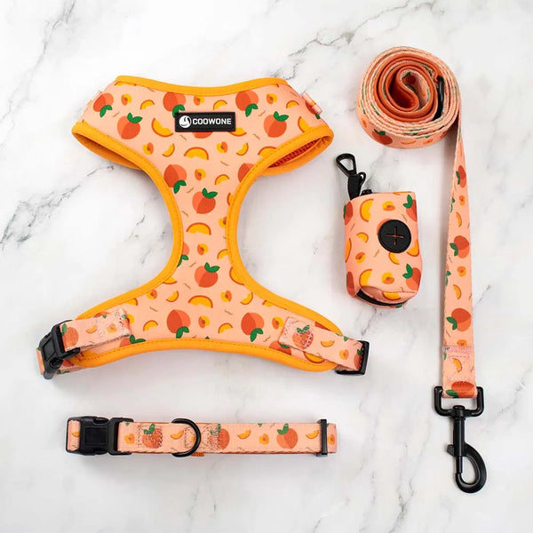 PeachyPaws Deluxe Pet Ensemble: Creative Peach Design, Leash, Neoprene Harness, and Convenient Poop Bag Dispenser