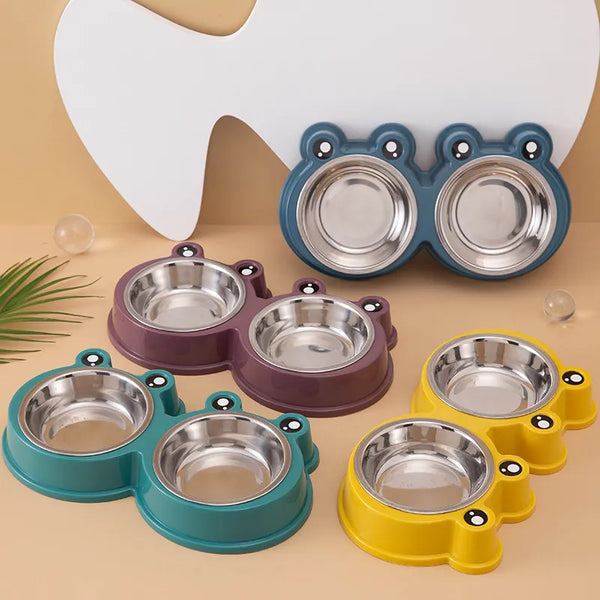 Froggy Feasts: Cute Small Frog Stainless Steel Double Bowl - Non-slip Pet Bowl for Dogs and Cats