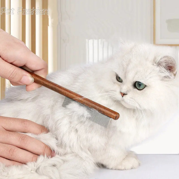 Gentle Grooming: Stainless Steel Cat Comb with Wooden Handle for Pet Hair Care
