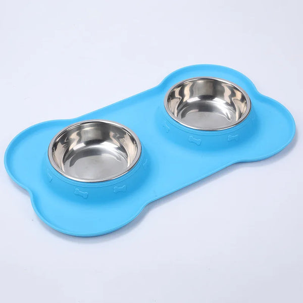 Mealtime Harmony: Double Dog Bowls with Silicone Mat for Pet Feeding and Drinking