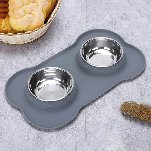 Mealtime Harmony: Double Dog Bowls with Silicone Mat for Pet Feeding and Drinking