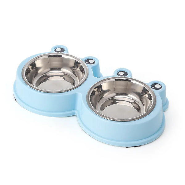 Froggy Feasts: Cute Small Frog Stainless Steel Double Bowl - Non-slip Pet Bowl for Dogs and Cats